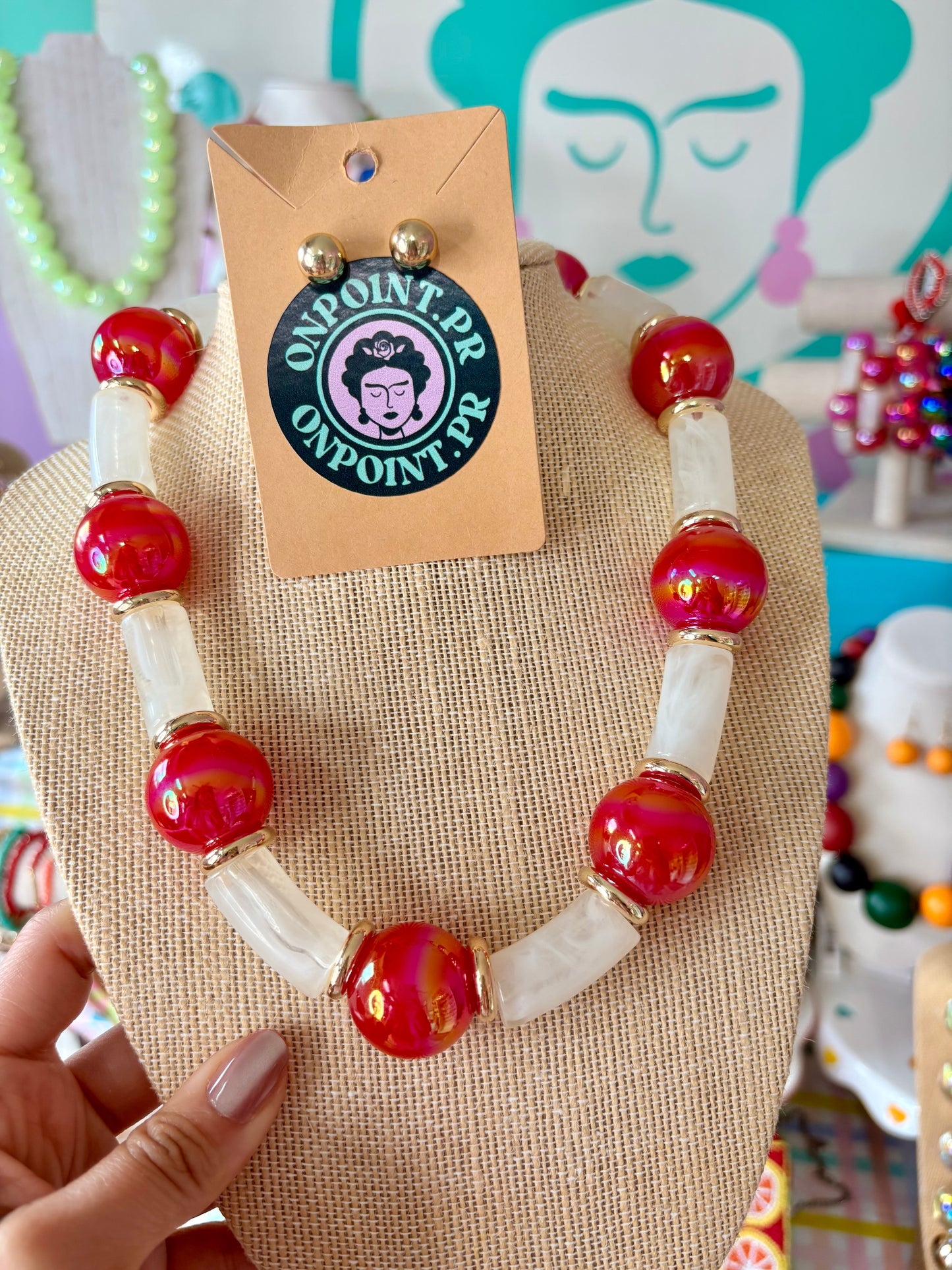 SET COLLAR Y ARETES BUBBLES 🫧 MARMOLEADO Y ROJO