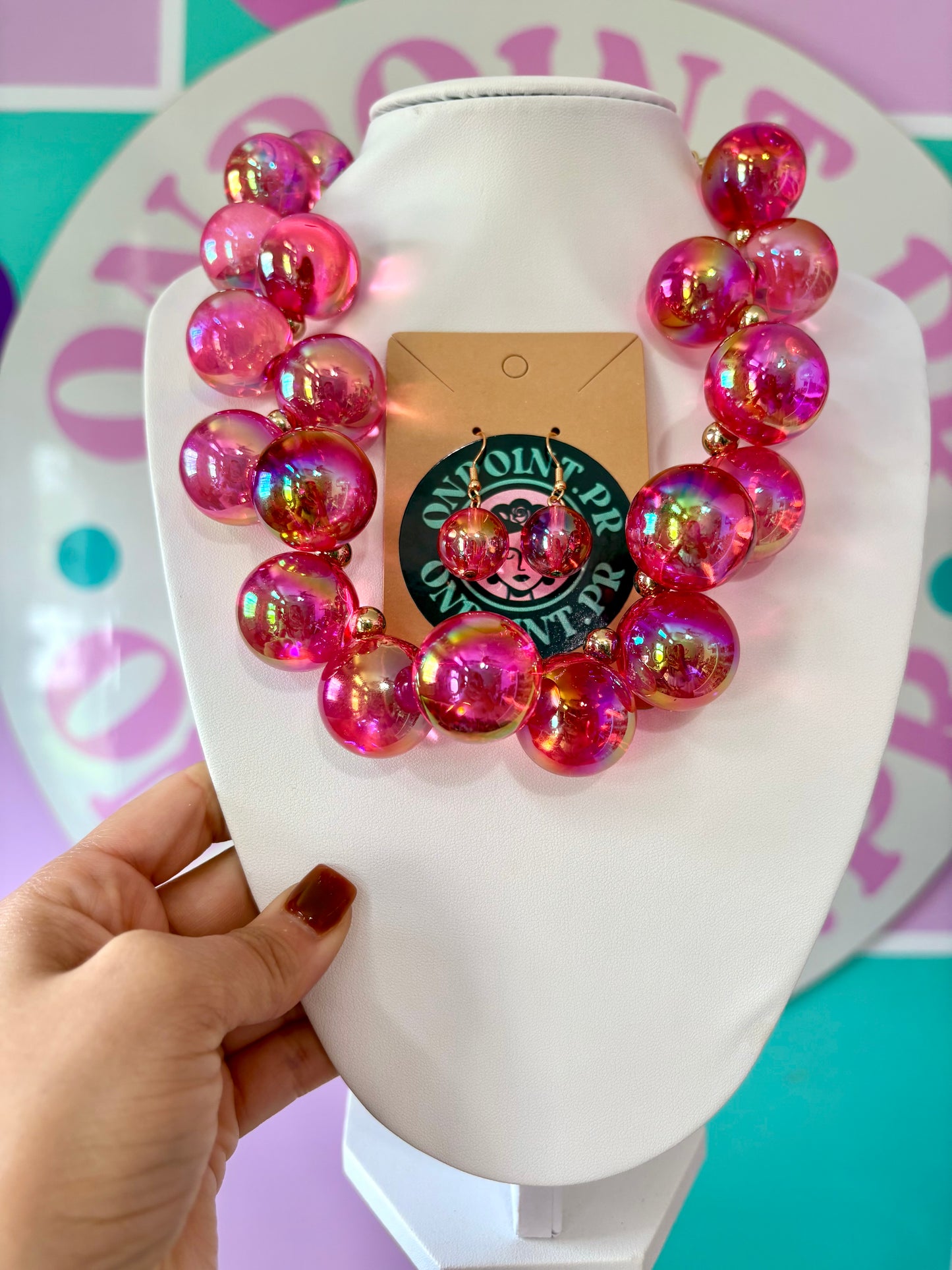 COLLAR Y ARETES BUBBLES ROSA