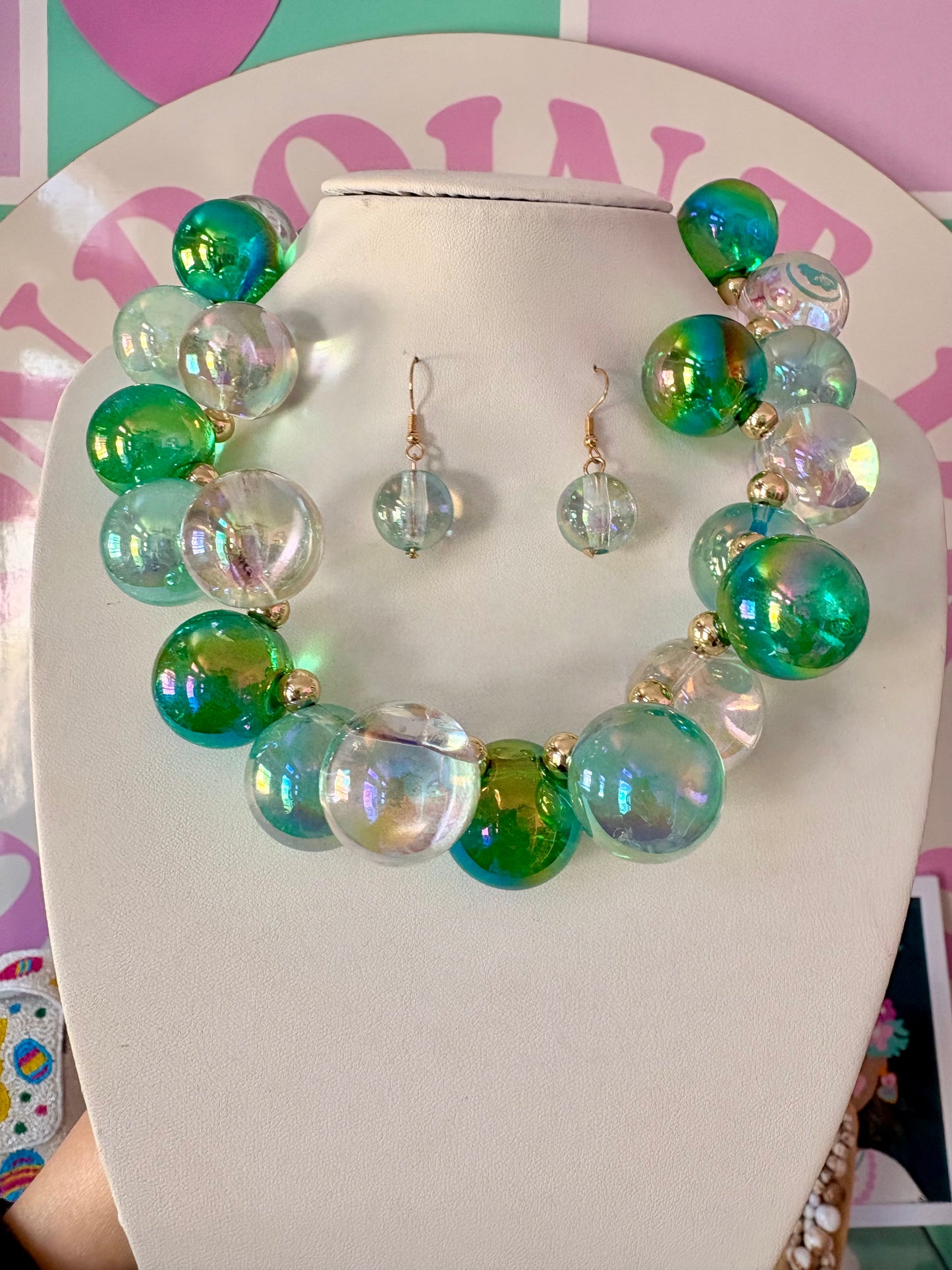SET ARETES Y COLLAR BUBBLES VERDE, CLEAR , LIGHT BLUE