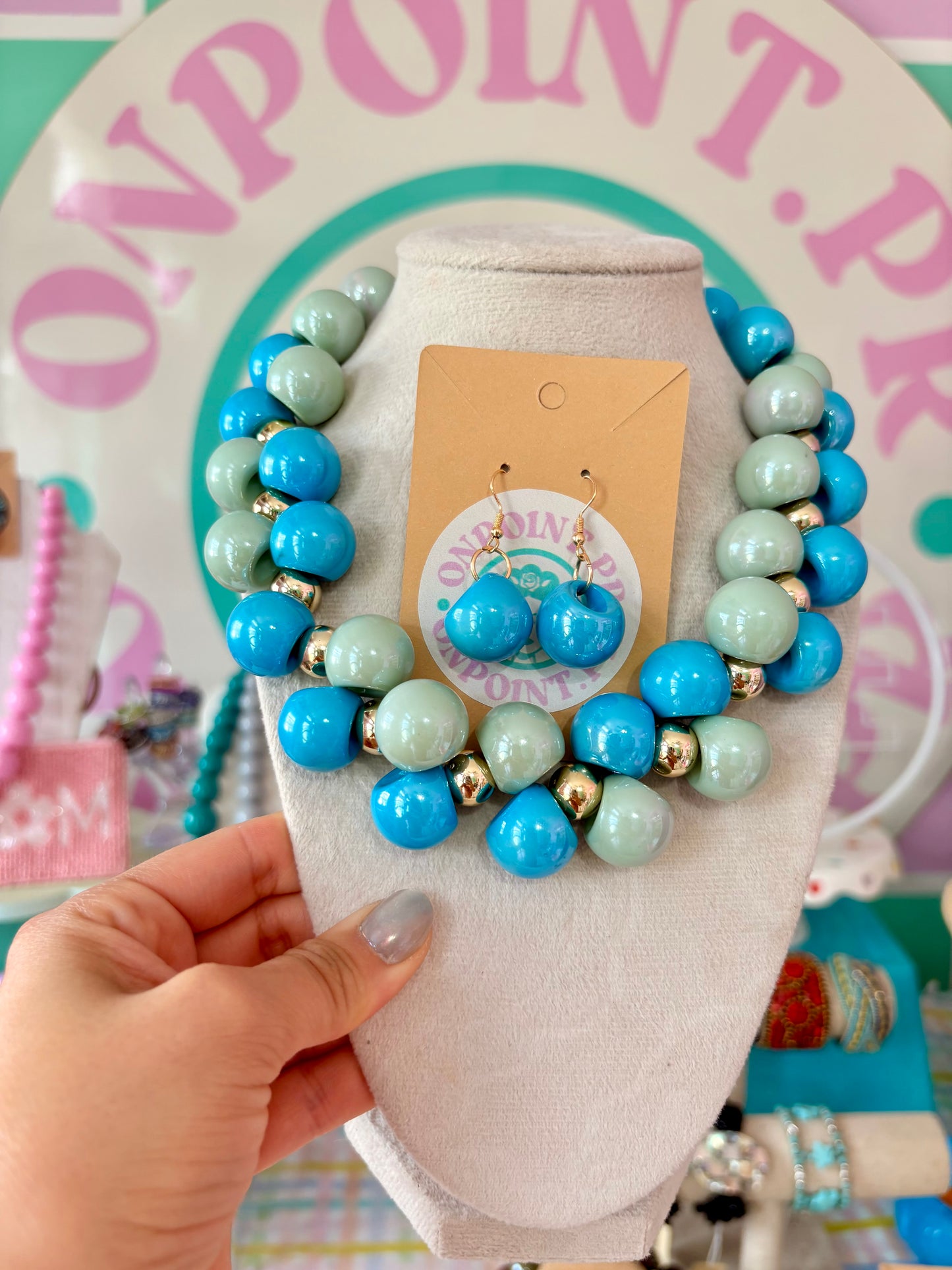 SET ARETES Y COLLAR MINI BUBBLES AZUL Y MENTA