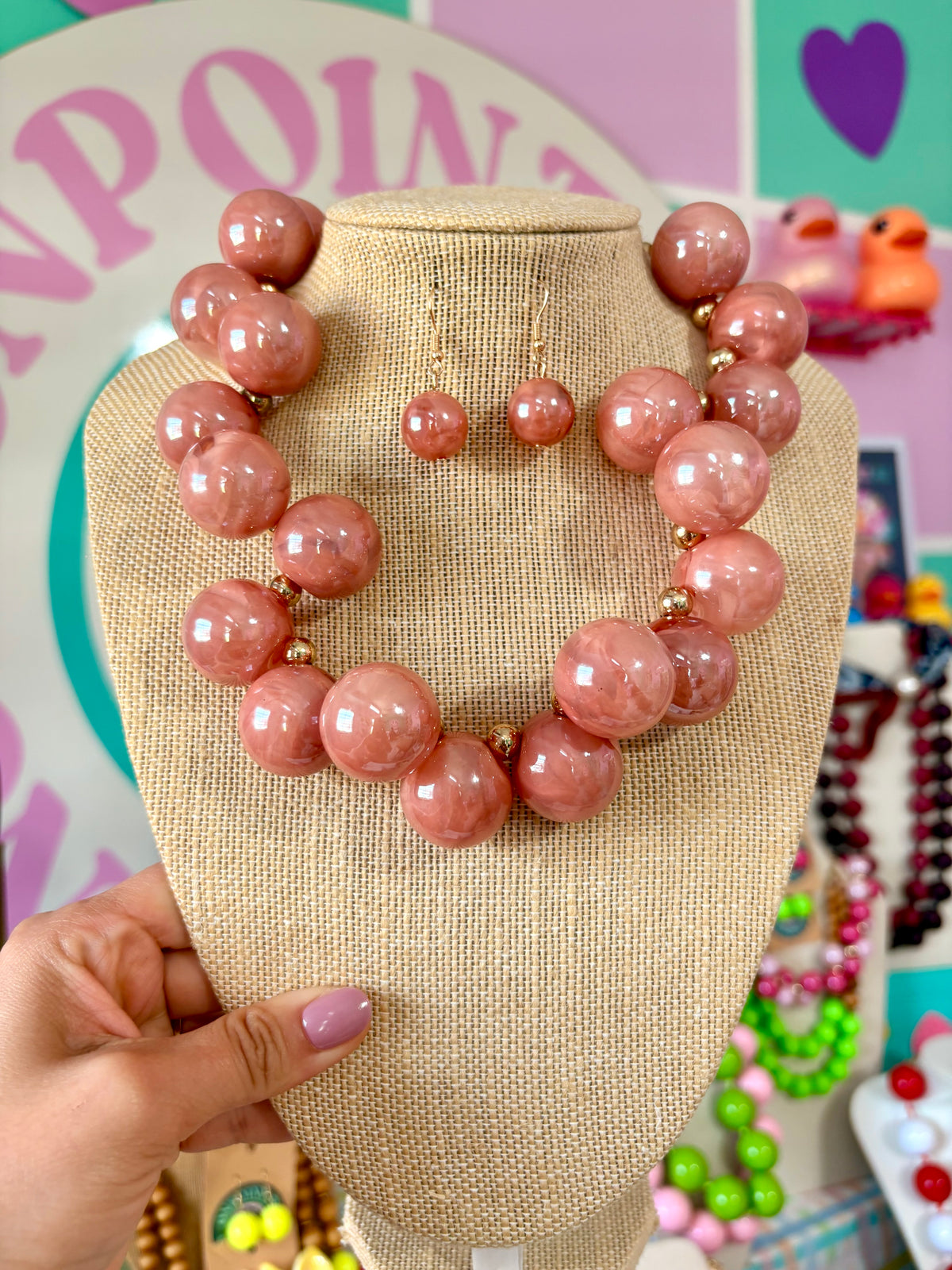 SET ARETES Y COLLAR BUBBLES ROSA VIEJO