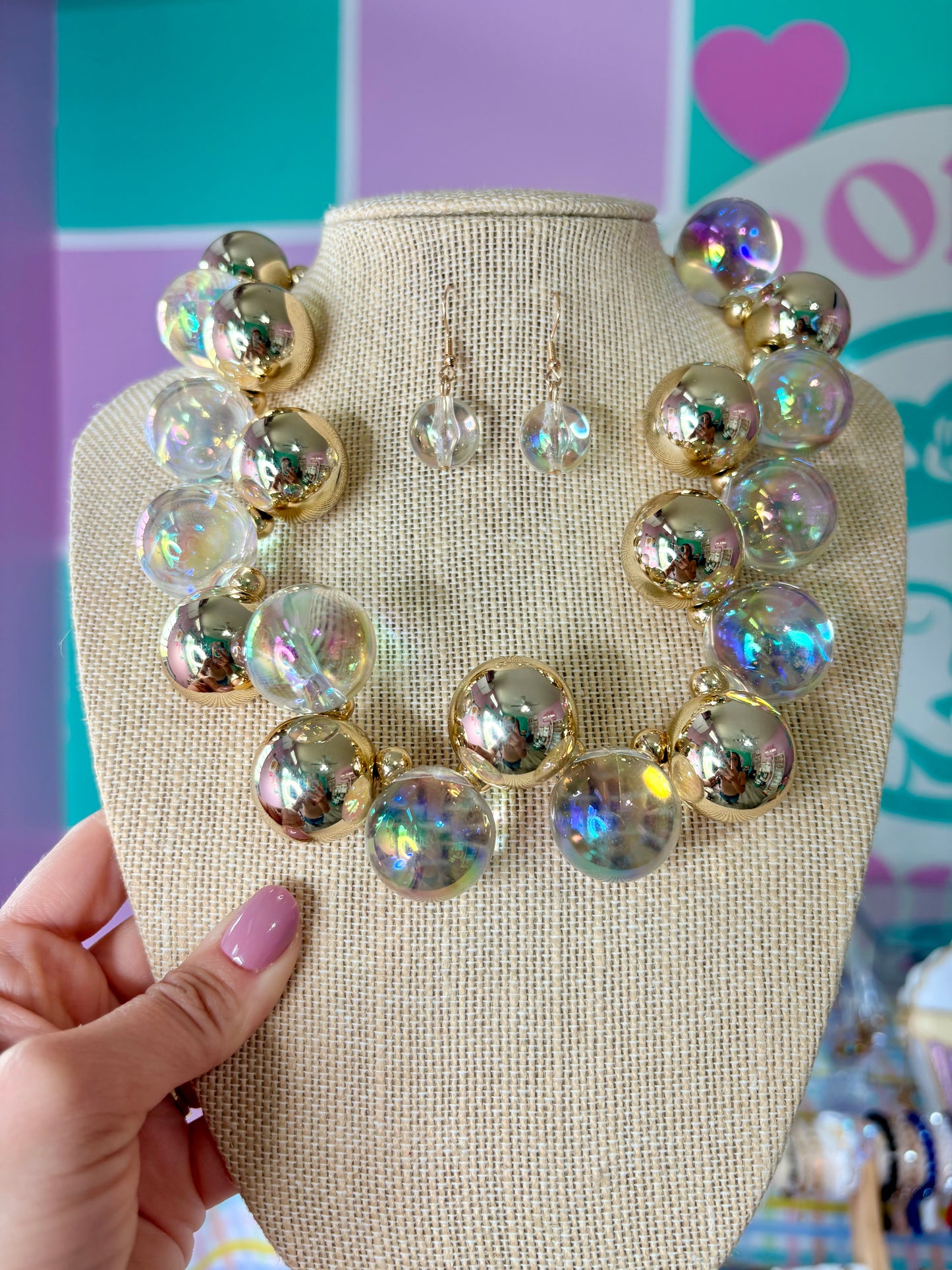 SET ARETES Y COLLAR BUBBLES CLEAR Y GOLD 🫧