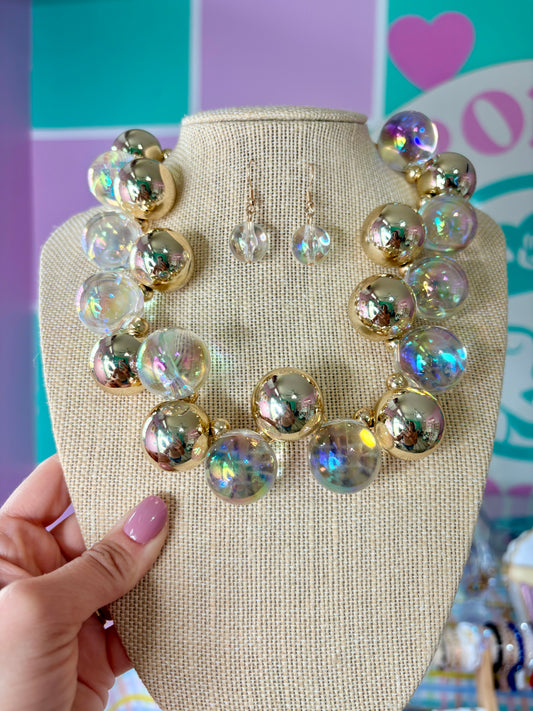 SET ARETES Y COLLAR BUBBLES CLEAR Y GOLD 🫧