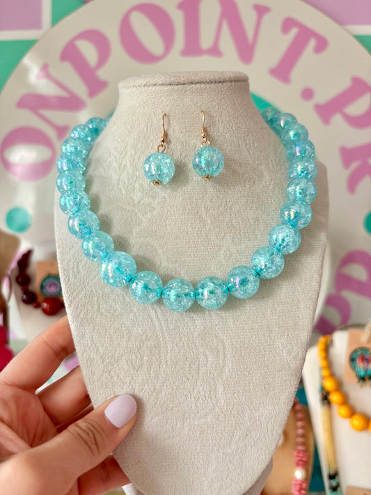 SET ARETES Y COLLAR VIDRIO AZUL