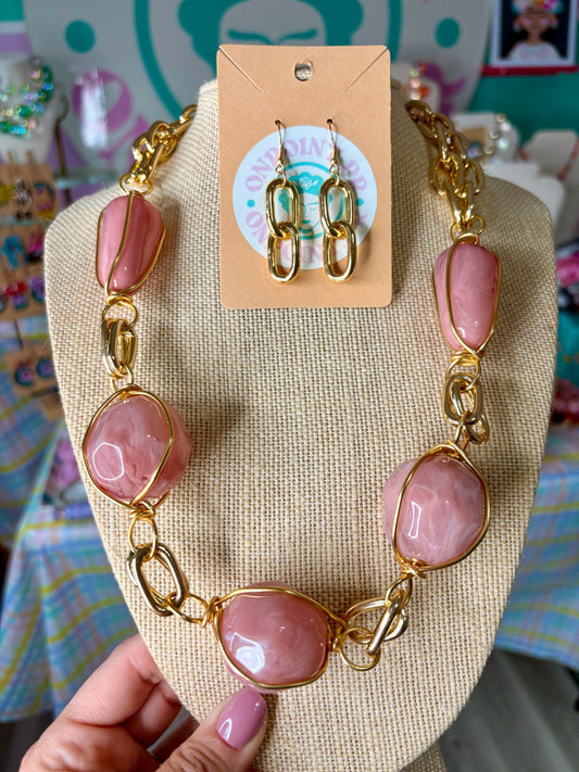 SET ARETES Y COLLAR BUBBLES ROSA VIEJO