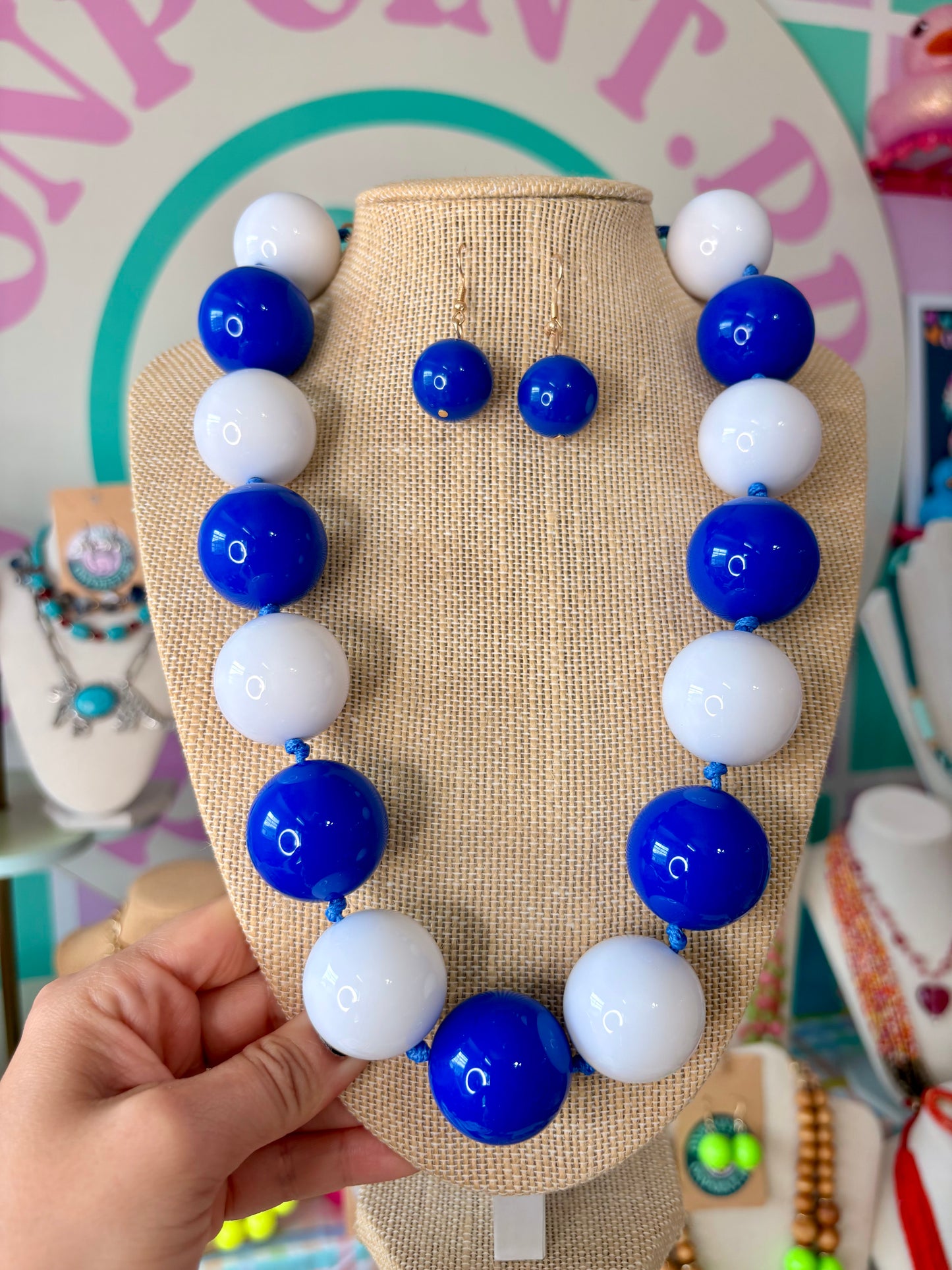 SET ARETES Y COLLAR BUBBLEGUM AZUL / BLANCO